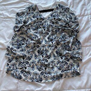 White House Black Market Velvet Bell Sleeves Blue Floral Blouse Womens Size 10